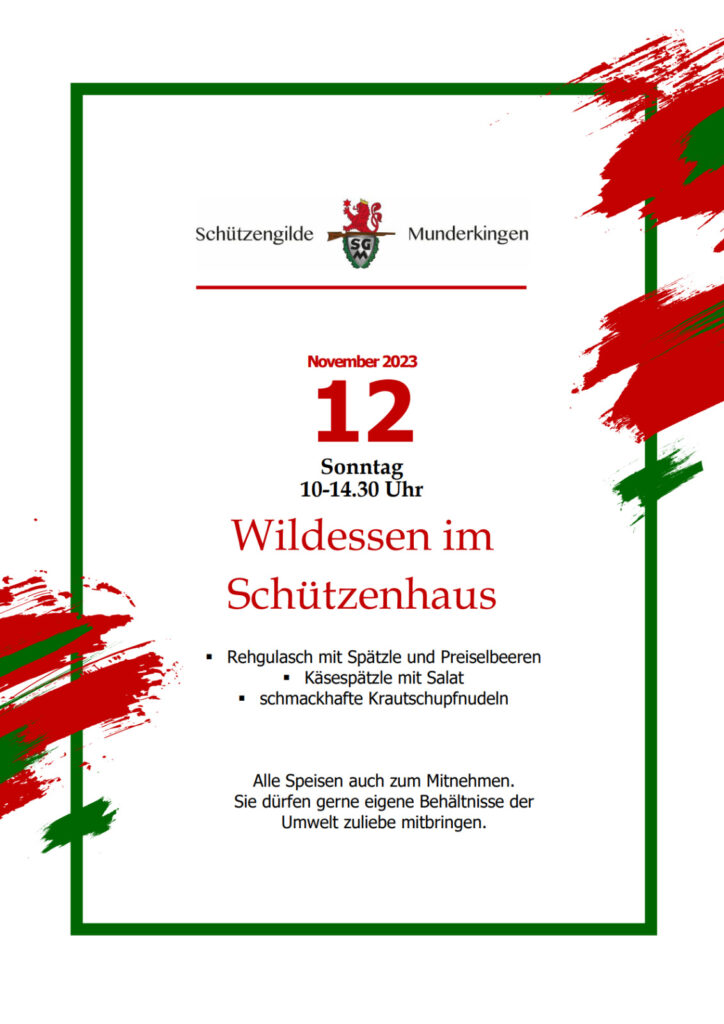 Einladung zum Wildessen am 12. November 2023 im Schützenhaus Munderkingen 1